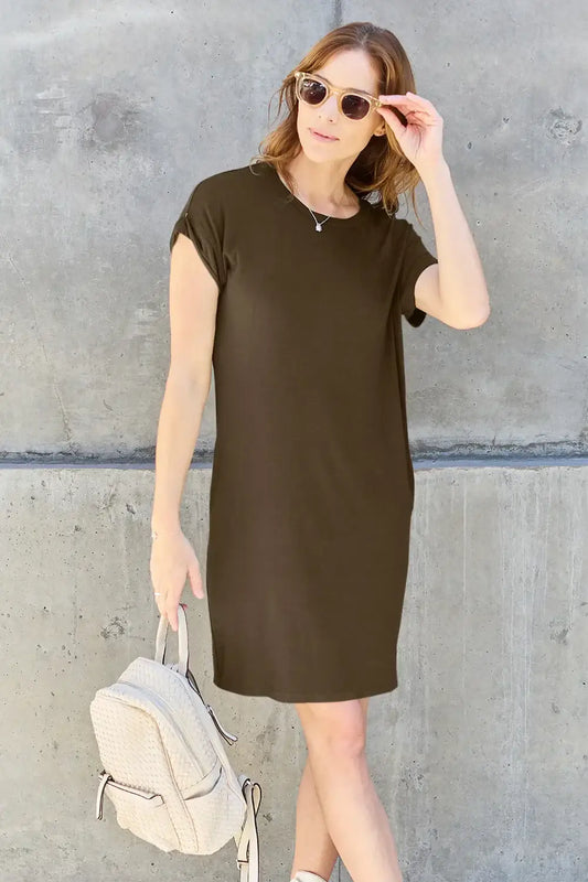 Basic Bae Full Size Round Neck Short Sleeve Dress with Pockets - Mocha / S - Women/Dresses