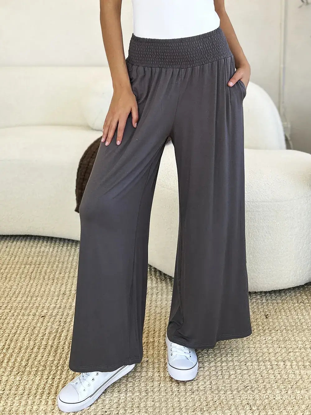 Basic Bae Full Size Smocked Wide Waistband Wide Leg Pants
