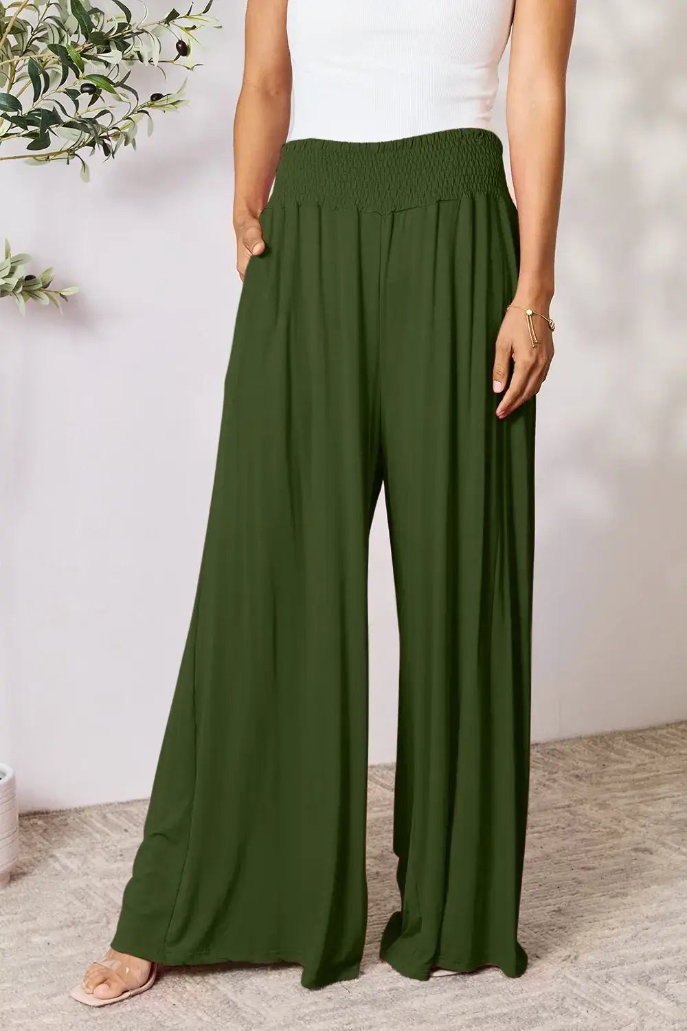 Basic Bae Full Size Smocked Wide Waistband Wide Leg Pants - Army Green / S