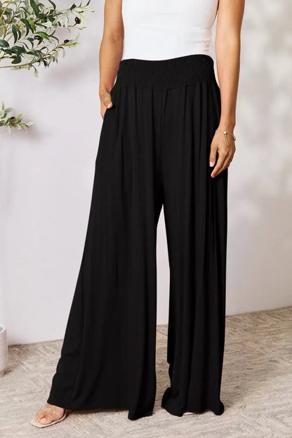 Basic Bae Full Size Smocked Wide Waistband Wide Leg Pants - Black / S