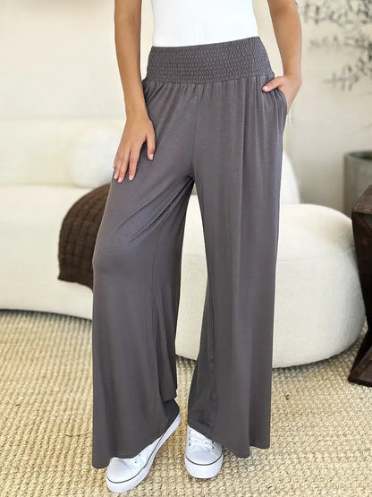 Basic Bae Full Size Smocked Wide Waistband Wide Leg Pants - Dark Gray / S