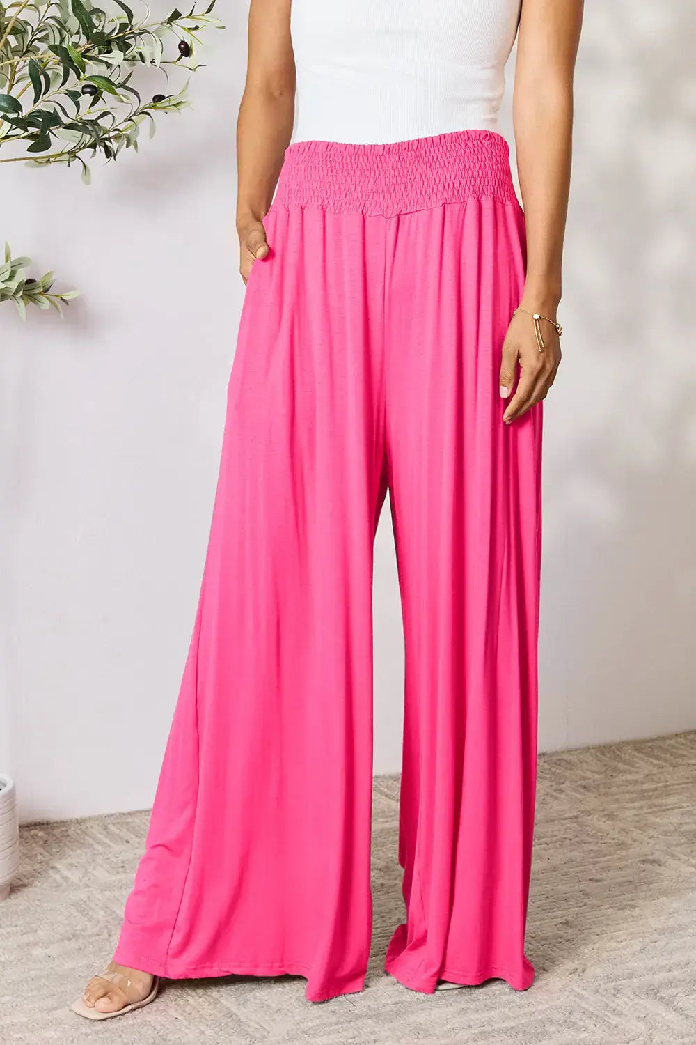 Basic Bae Full Size Smocked Wide Waistband Wide Leg Pants - Hot Pink / S