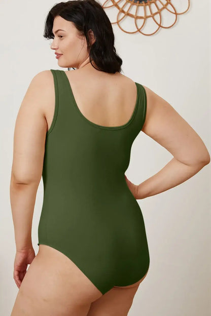 Dark green ribbed square neck sleeveless one-piece swimsuit for jeans size and size square neck