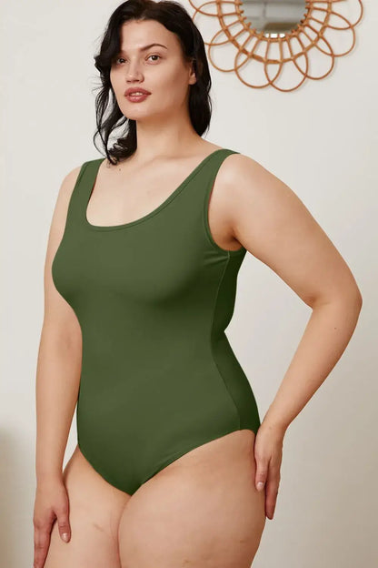 Olive green sleeveless one-piece swimsuit with square neck for jeans size and square neck styles