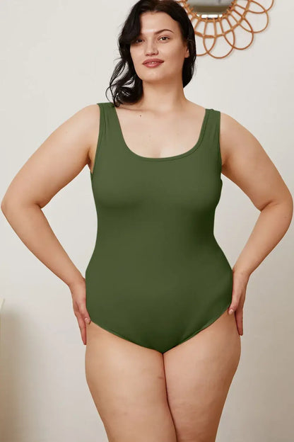 Olive green plus-size square neck sleeveless swimsuit from Basic Bae in jeans size 20