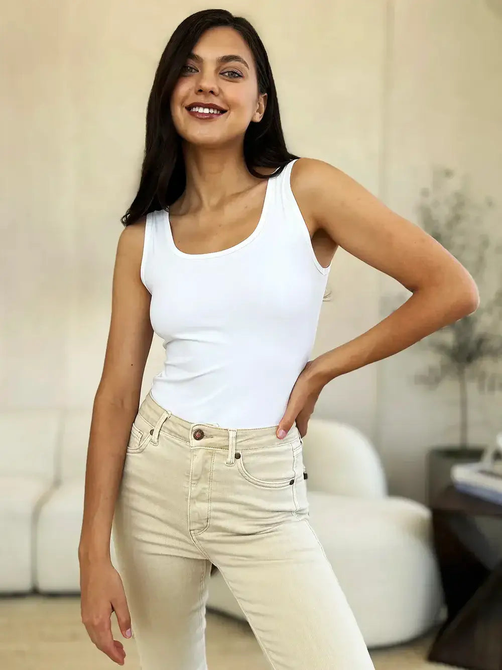 Women’s white ribbed square neck sleeveless tank top from Basic Bae bodysuit, perfect for jeans size