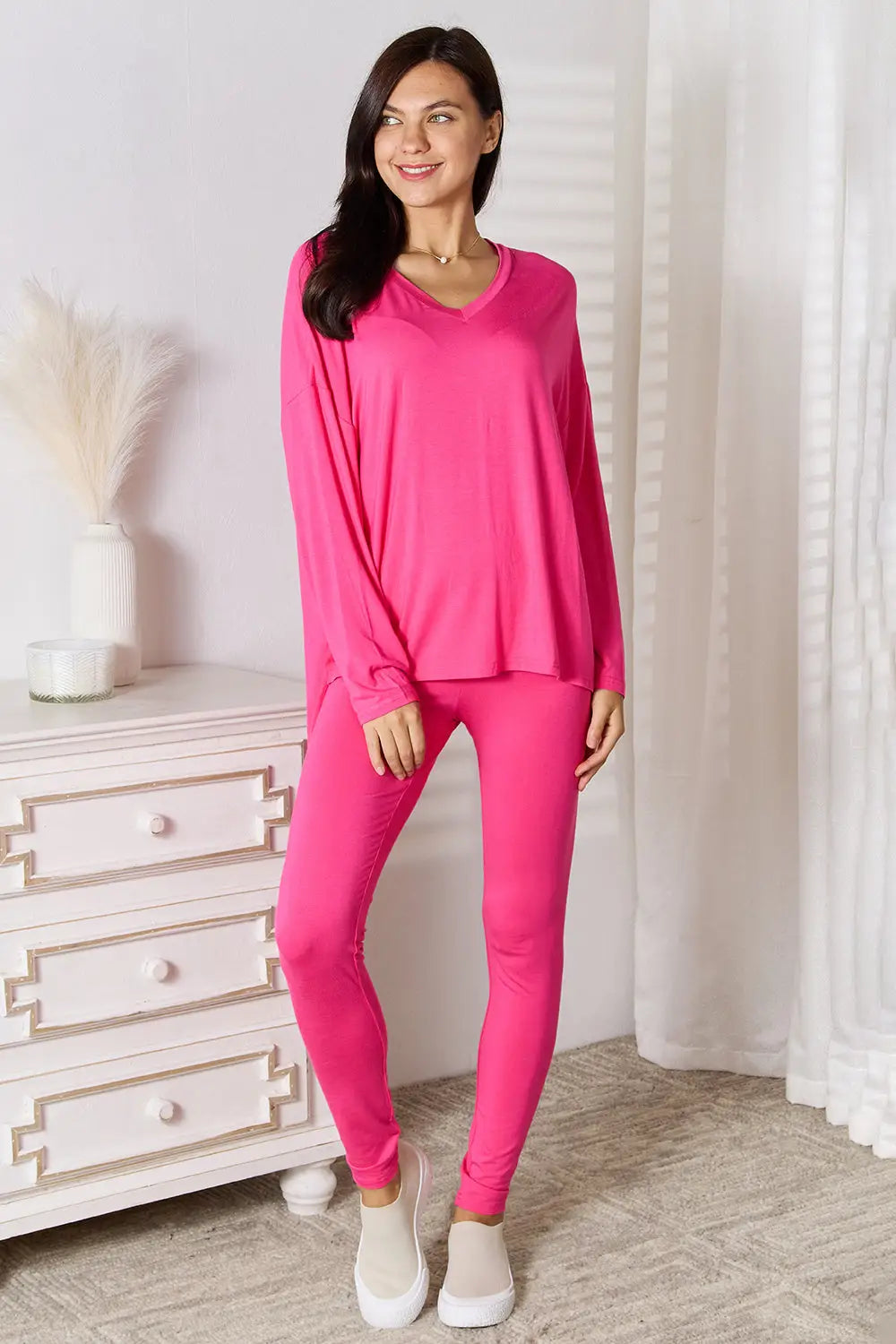 Basic Bae Full Size V-Neck Soft Rayon Long Sleeve Top and Pants Lounge Set - Hot Pink / S
