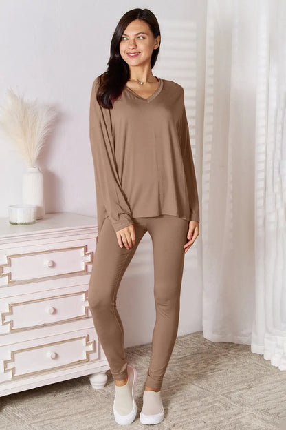 Basic Bae Full Size V-Neck Soft Rayon Long Sleeve Top and Pants Lounge Set - Mocha / S
