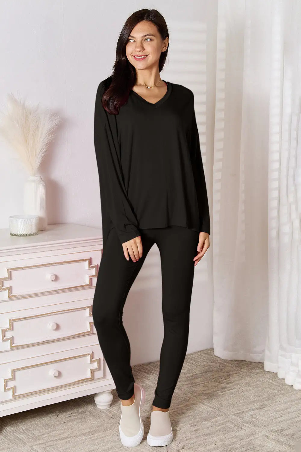 Basic Bae Full Size V-Neck Soft Rayon Long Sleeve Top and Pants Lounge Set - Black / S