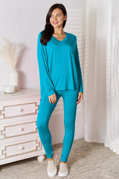 Basic Bae Full Size V-Neck Soft Rayon Long Sleeve Top and Pants Lounge Set - Sky Blue / S