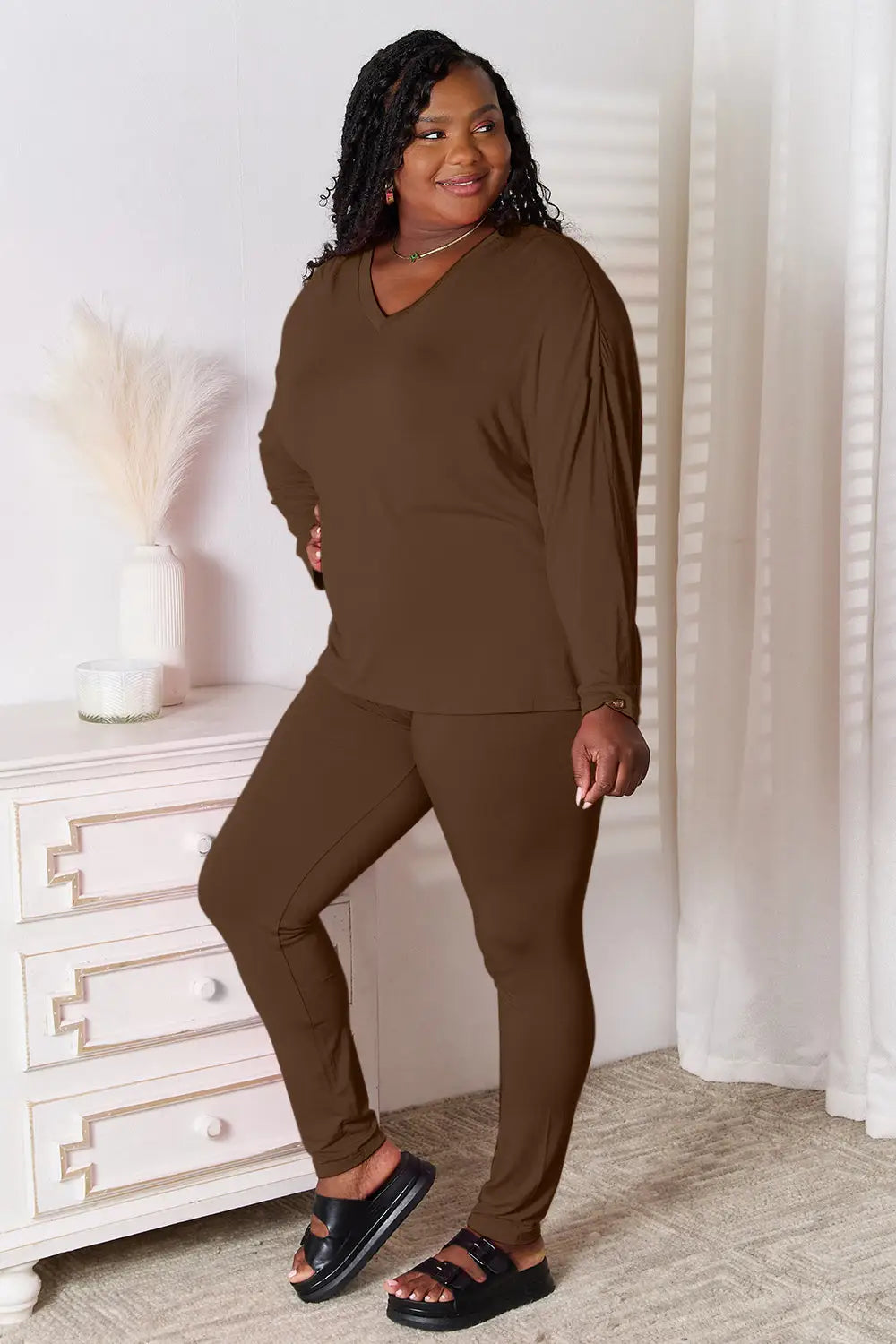 Basic Bae Full Size V-Neck Soft Rayon Long Sleeve Top and Pants Lounge Set - Chocolate / S