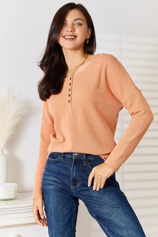 Peach-colored Basic Bae Half Long Sleeve Top with four-button placket for jeans size options