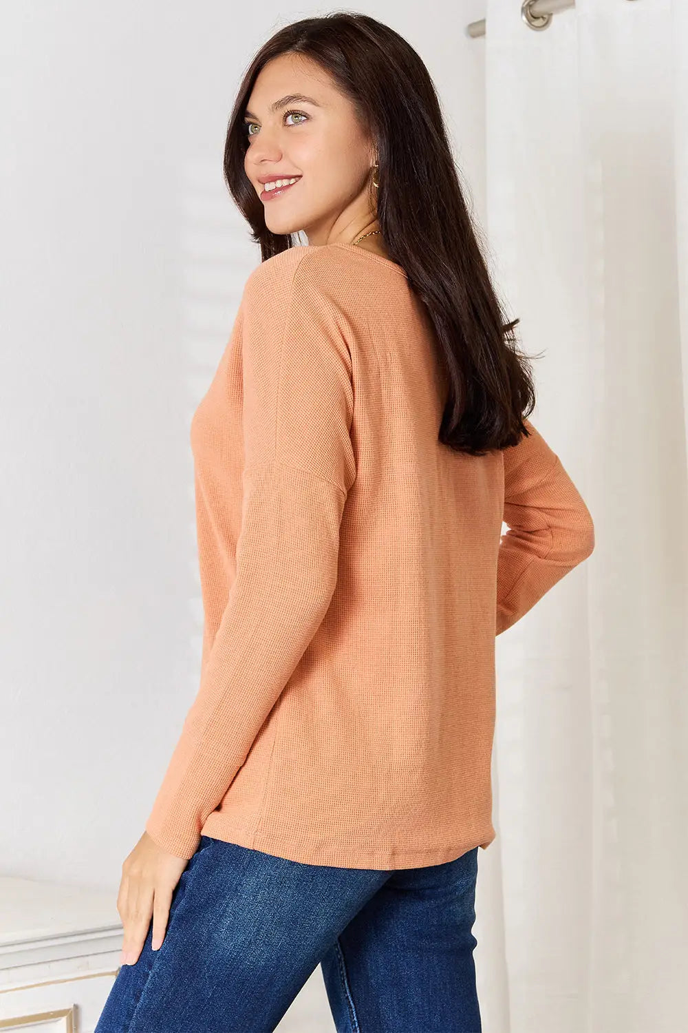 Women’s peach long-sleeved ribbed knit top from Basic Bae Half with jeans size for style