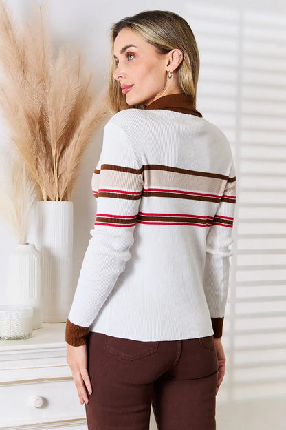 Basic Bae Striped Collared Neck Rib-Knit Top - Apparel & Accessories > Clothing > Shirts & Tops > Sweaters
