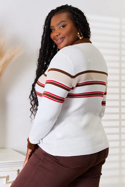 Basic Bae Striped Collared Neck Rib-Knit Top - Apparel & Accessories > Clothing > Shirts & Tops > Sweaters