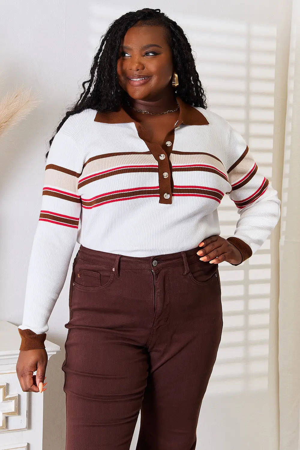 Basic Bae Striped Collared Neck Rib-Knit Top - Apparel & Accessories > Clothing > Shirts & Tops > Sweaters