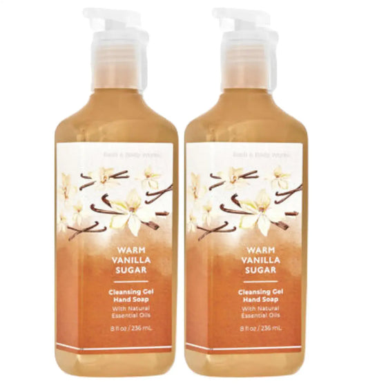 Two bottles of Warm Vanilla Sugar cleansing gel hand soap in the Bath and Body Works 8 ounce 2-pack