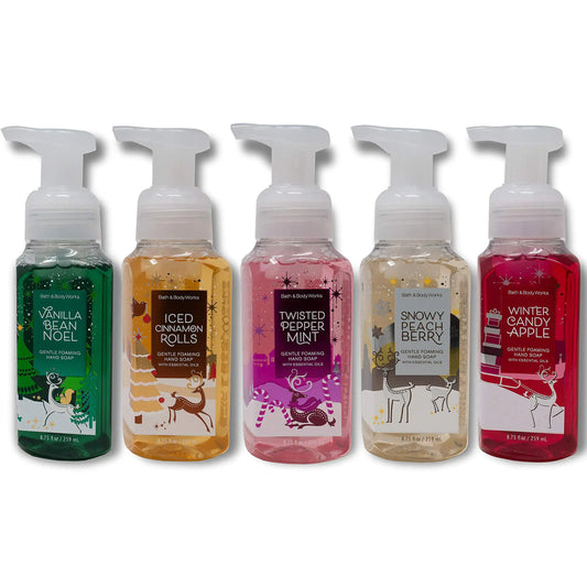 Five bottles of Bath and Body Works Holiday Traditions gentle foaming hand soap set