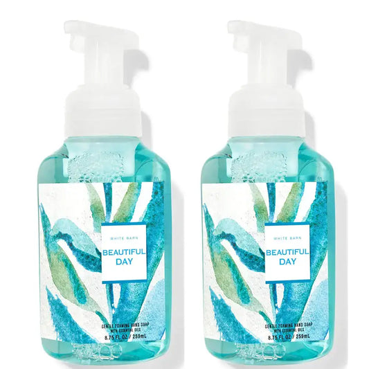 Two blue bottles of Bath & Body Works Gentle Foaming Hand Soap Beautiful Day