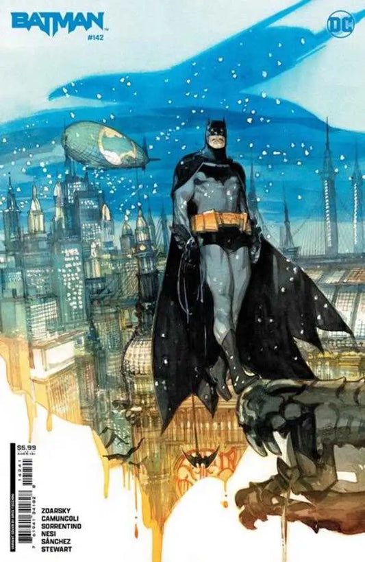 Batman stands on a rooftop with his cape billowing, perfect for trading cards collectors