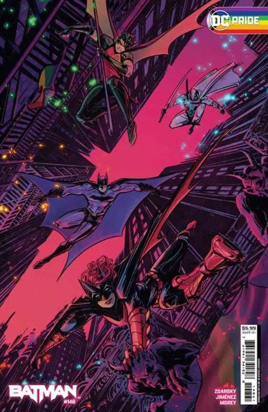 Batman #148 Cover D features Batman and friends in a neon cityscape for trading cards