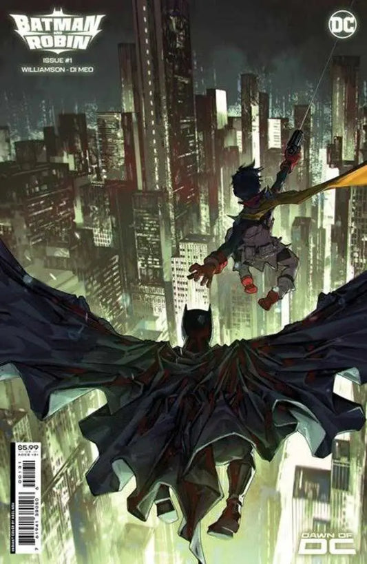 Caped figure leaping between buildings at night for Batman And Robin #1 trading card art