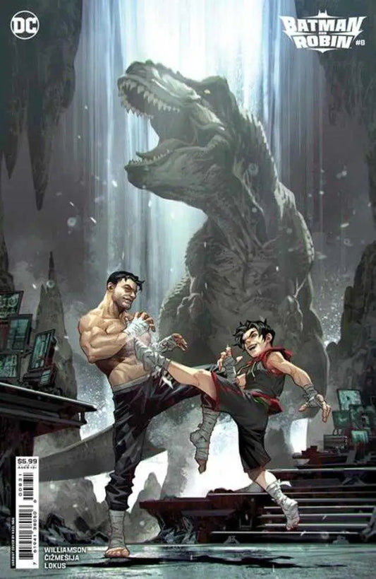 Menacing T-Rex looms over martial artists in Batman And Robin #8 trading card variant