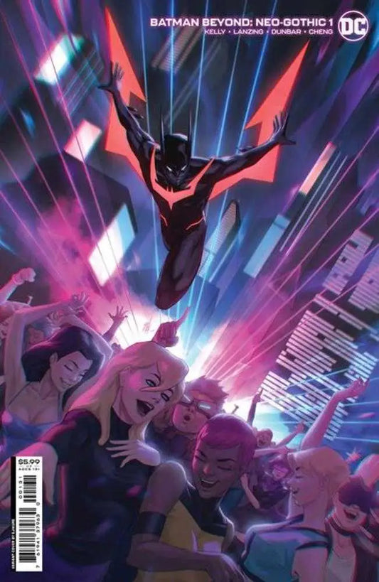 Batman Beyond swoops in his black and red suit on a trading card with neon streaks