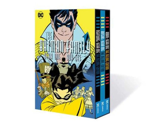 Batman Family Year One Box Set featuring vibrant yellow and blue graphic novel covers