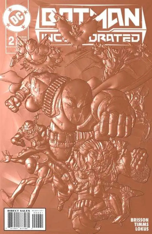 Comic book cover with Batman and villains in copper-embossed style for trading cards