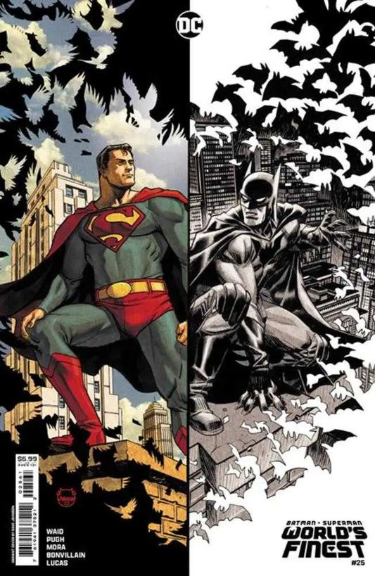 Split cover of Batman and Superman showcasing World’s Finest in vibrant colors and bats