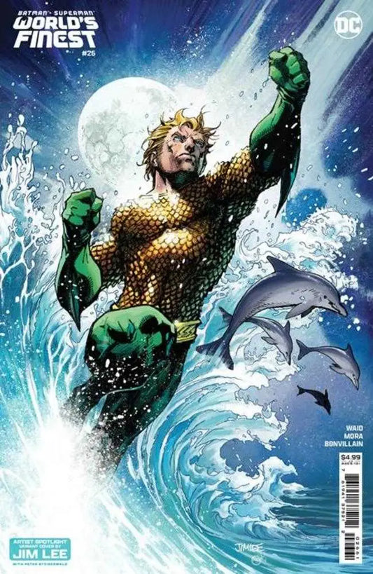 Aquaman emerges from waves with dolphins on Batman Superman trading card cover art