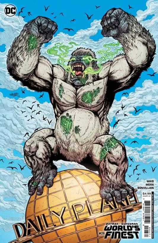 Muscular gorilla-like creature with green features atop Daily Planet in Batman Superman card
