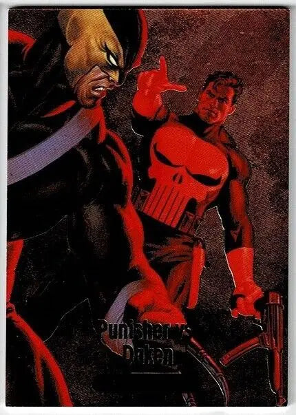 Comic book illustration of Battle Spectra Foil Punisher vs Daken from Upper Deck Marvel