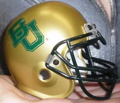 Gold football helmet with green Baylor logo, ideal for Schutt Mini collectible trading cards