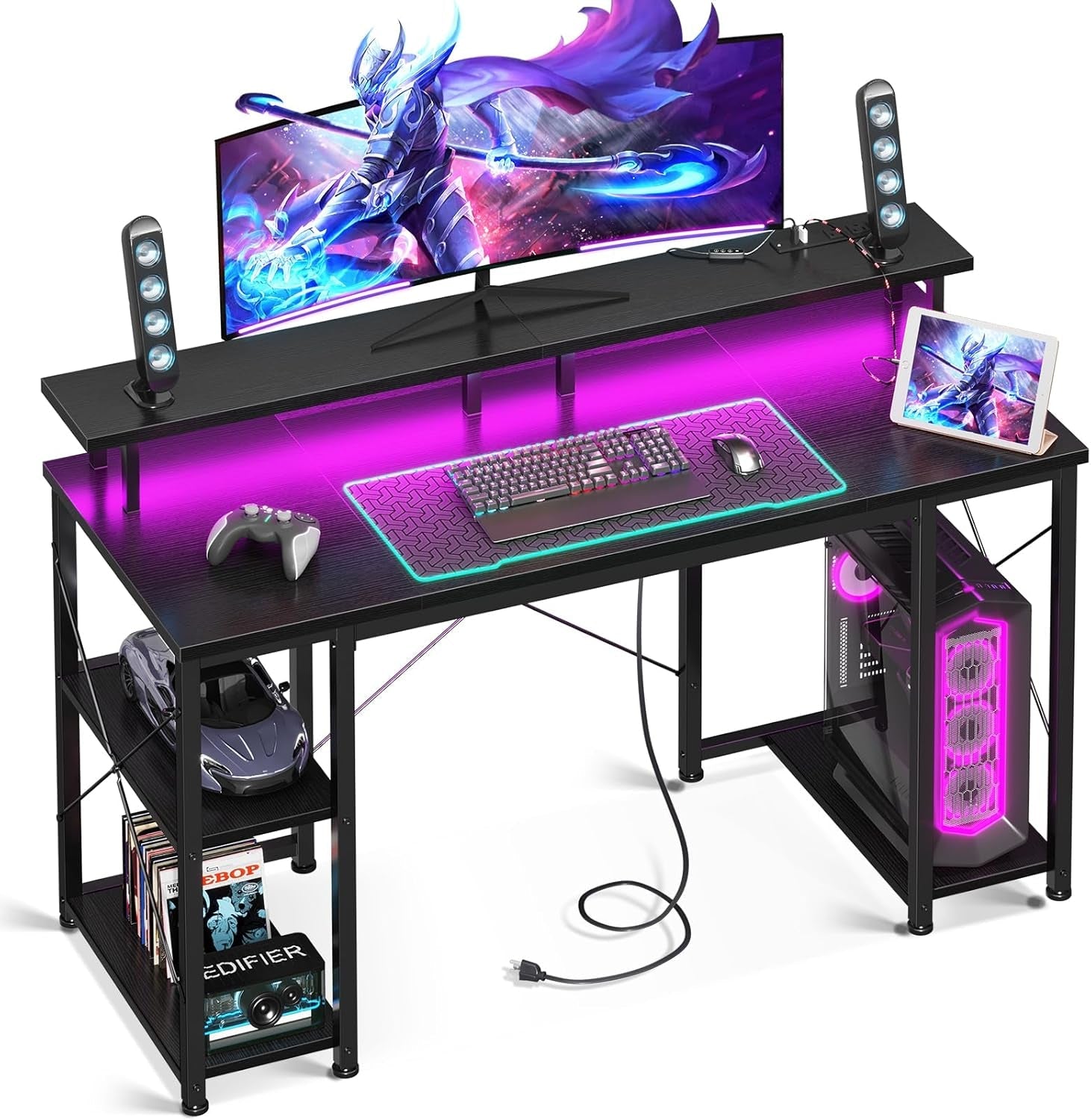 48 Inch Gaming Desk with LED Lights & Power Outlets, Computer Desk with Monitor Stand & Storage Sheves, CPU Stand, Home Office Desk, Black-0