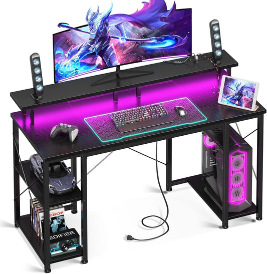 48 Inch Gaming Desk with LED Lights & Power Outlets, Computer Desk with Monitor Stand & Storage Sheves, CPU Stand, Home Office Desk, Black-0