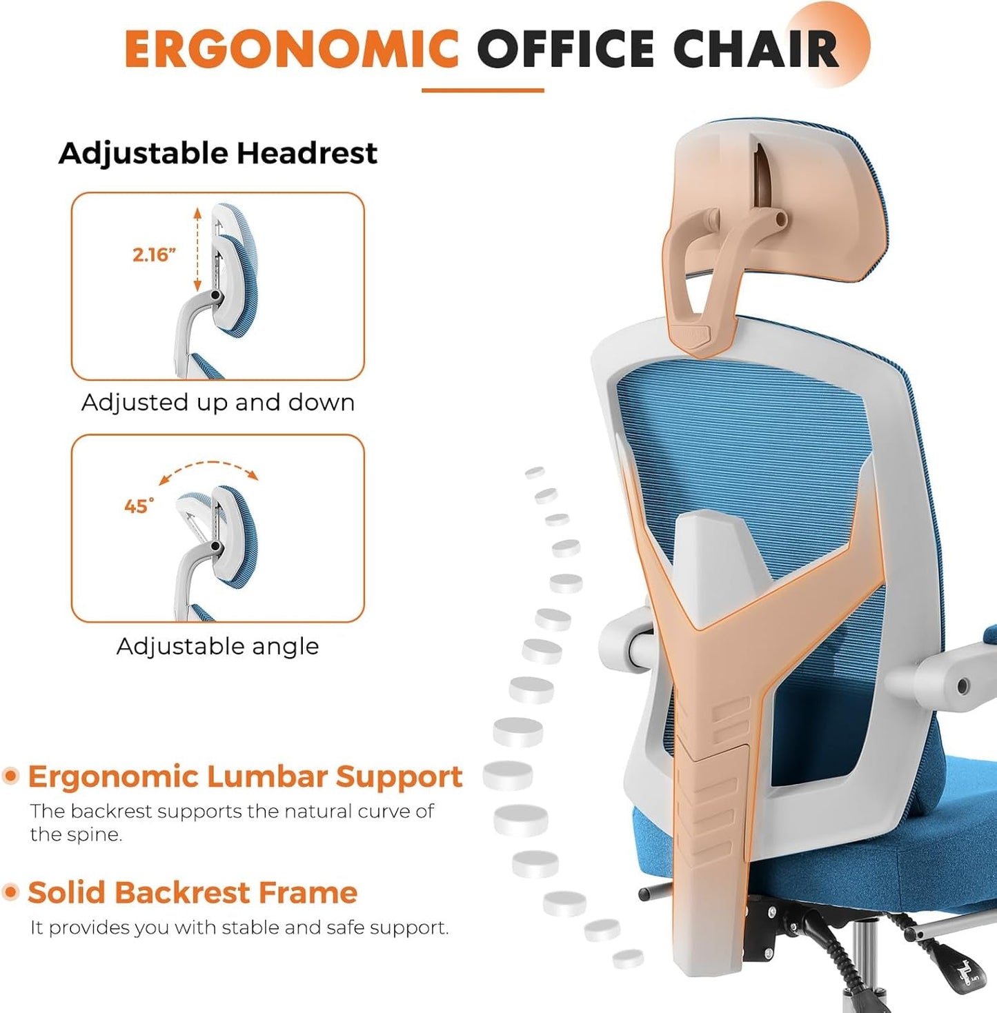 Office Computer Desk Chair, Ergonomic High-Back Mesh Rolling Work Swivel Chairs with Wheels, Comfortable Lumbar Support, Comfy Arms for Home, Bedroom, Study, Student, Blue-3