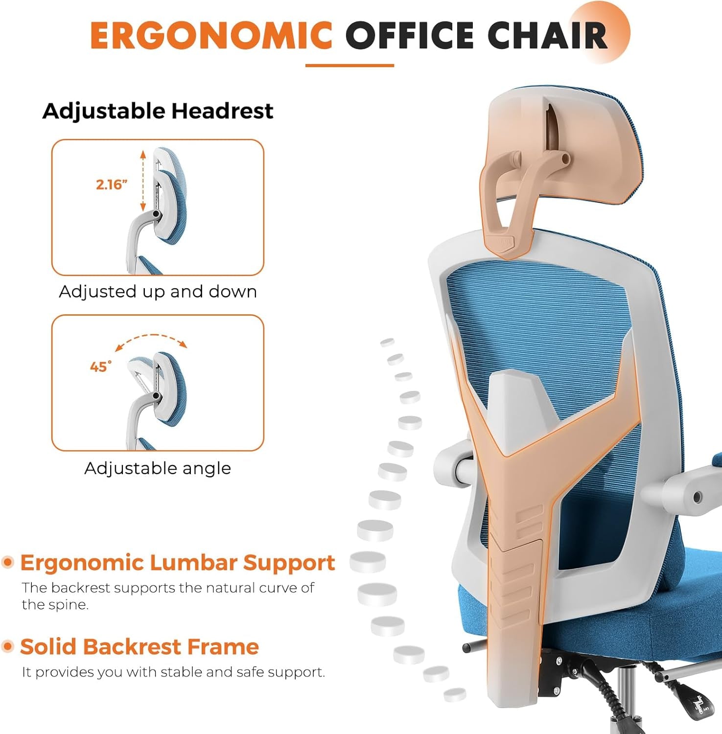 Office Computer Desk Chair, Ergonomic High-Back Mesh Rolling Work Swivel Chairs with Wheels, Comfortable Lumbar Support, Comfy Arms for Home, Bedroom, Study, Student, Blue-3
