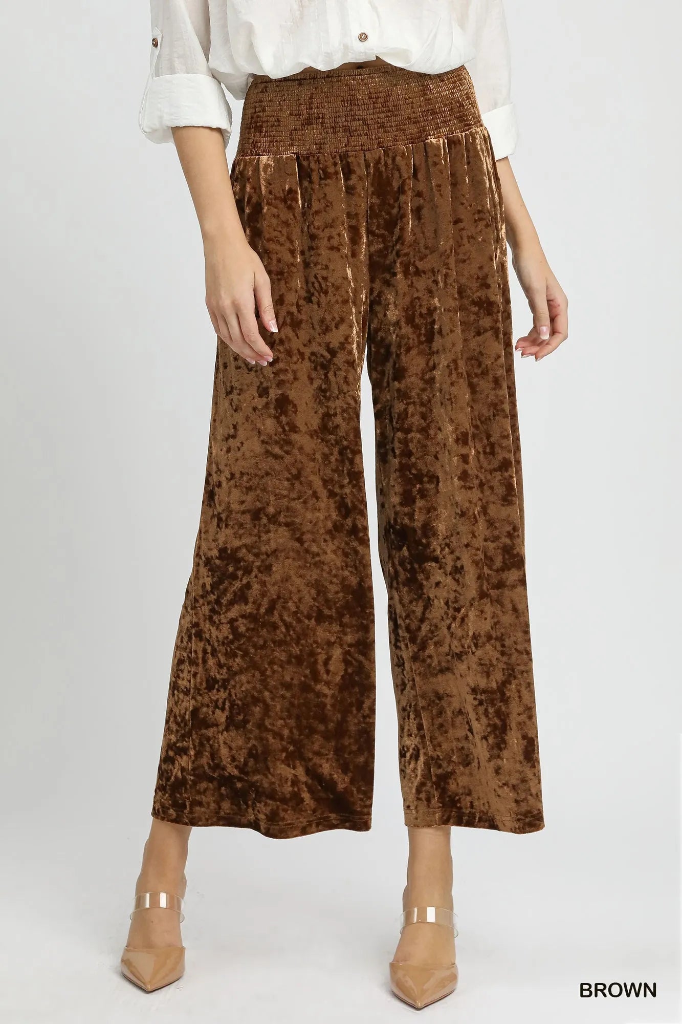Umgee Velvet Smocked Waistband Wide Leg Pants