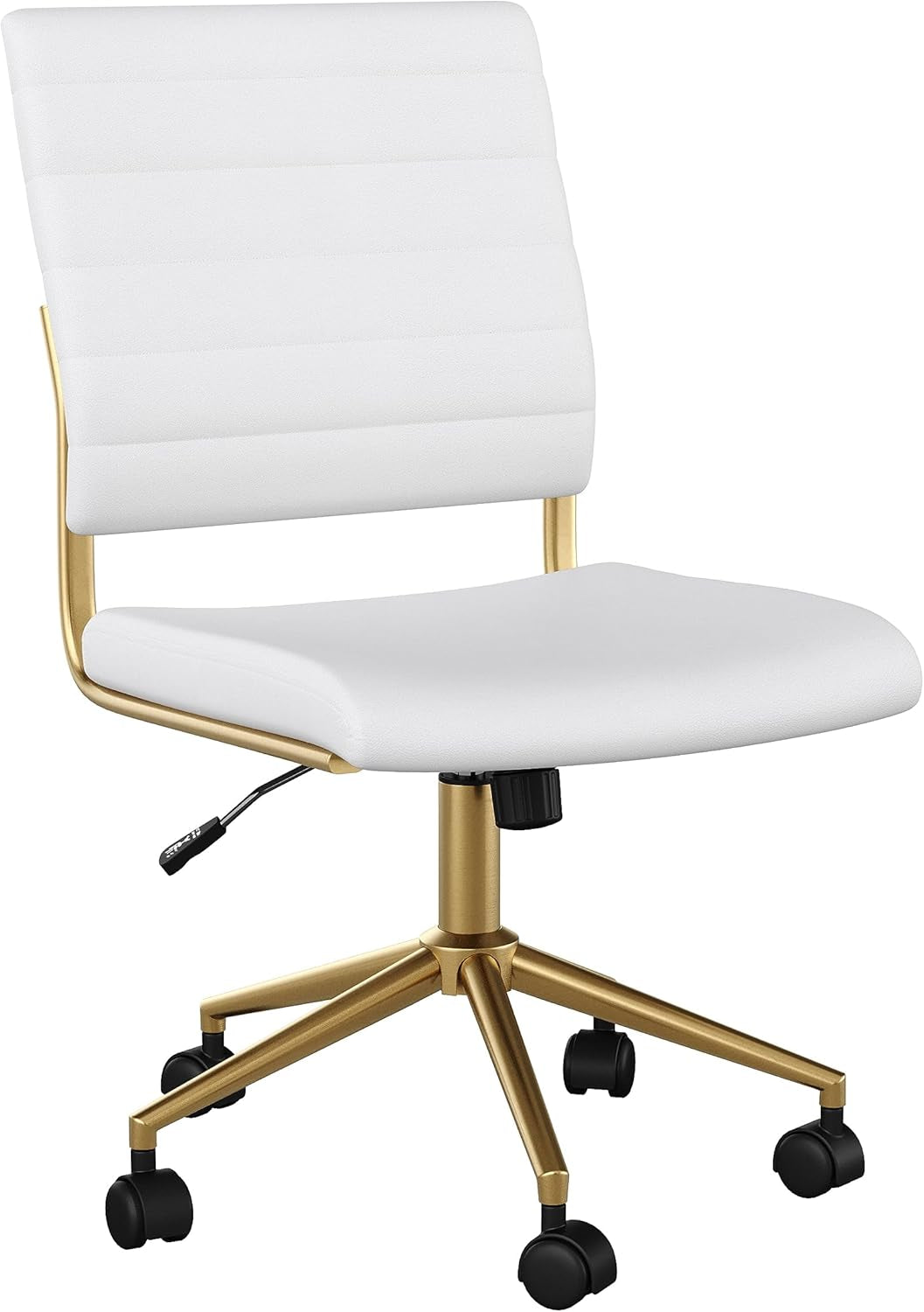 Ivy Armless Swivel Task Chair for Home Office in White Faux Leather with Polished Brass Frame-0