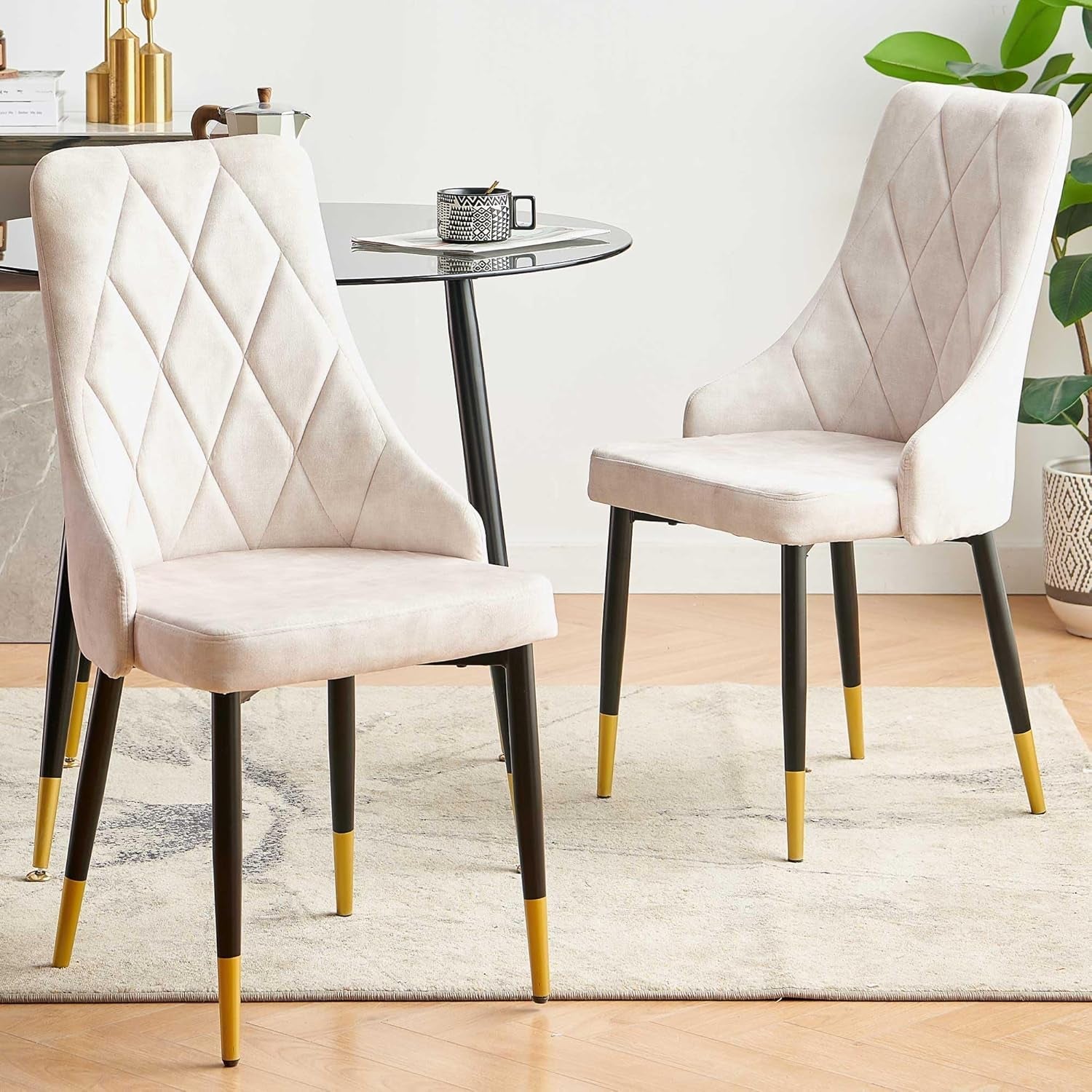 Upholstered Velvet Dining Chair Set of 4, Beige Armless Side Chair with Metal Legs for Home Kitchen-2
