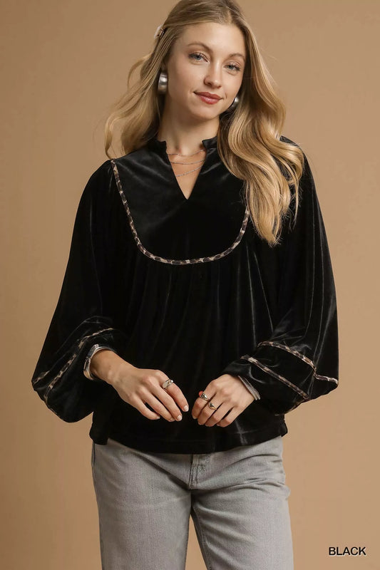 Umgee Velvet Long Sleeve Blouse with Contrast Trim