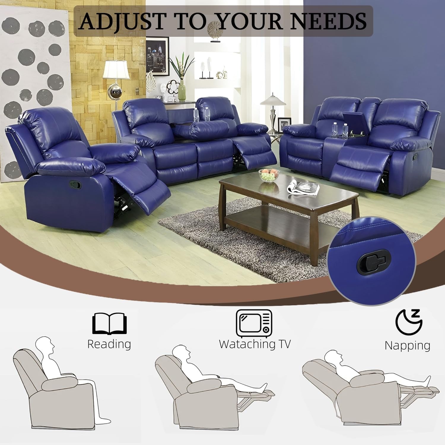Leather Recliner Sofa Set，Leather Reclining Sofa Set for Living Room Furniture Sets，Dark Blue Recliner Couch Set for Living Room/Office/Theater Seating(Sofa Set 3 Pieces)-4