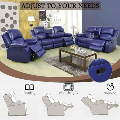 Leather Recliner Sofa Set，Leather Reclining Sofa Set for Living Room Furniture Sets，Dark Blue Recliner Couch Set for Living Room/Office/Theater Seating(Sofa Set 3 Pieces)-4