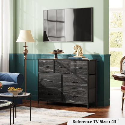 Dresser TV Stand, Entertainment Center with Fabric Drawers, Media Console Table with Metal Frame and Wood Top for TV up to 45 Inch, Chest of Drawers for Bedroom, Charcoal Black Wood Grain Print-1