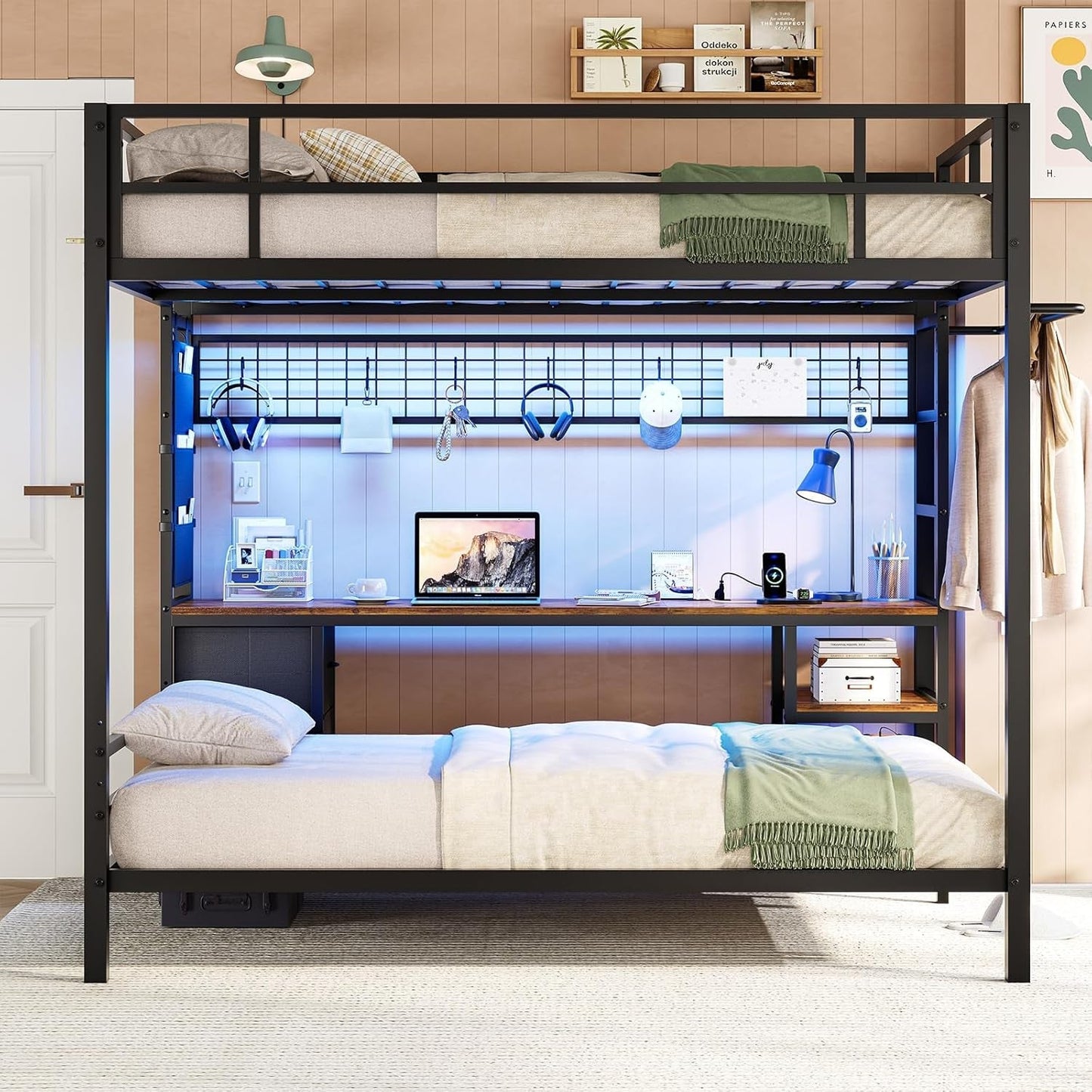 Full over Twin Bunk Bed with Desk and Charging Station Metal Full Size over Twin Loft Bed with Led Lights & Storage Shelves and Drawers for Teen,Safety Guard & Stairs,No Box Spring Needed,Black-1