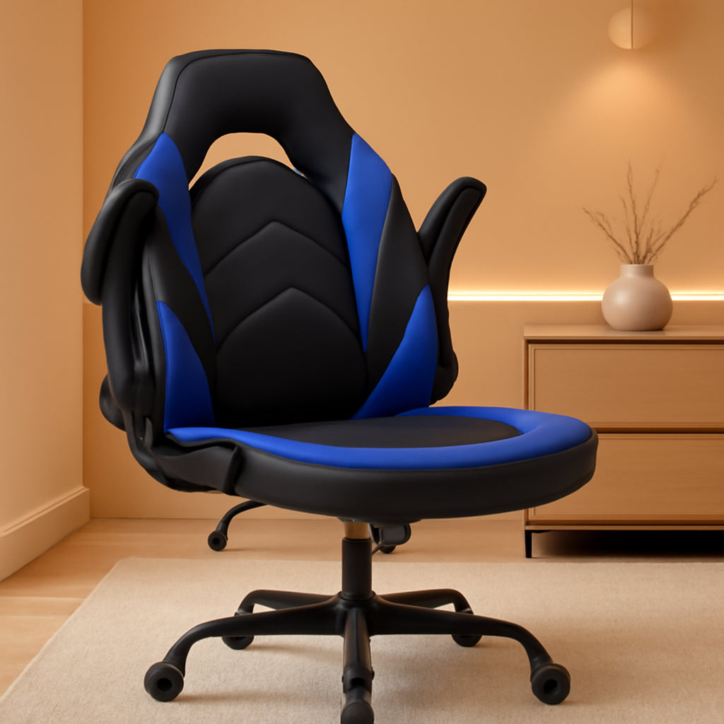Computer Gaming Desk Chair - Ergonomic Office Executive Adjustable Swivel Task PU Leather Racing Chair with Flip-Up Armrest for Adults, Kids, Men, Girls, Gamer, Black Blue-0