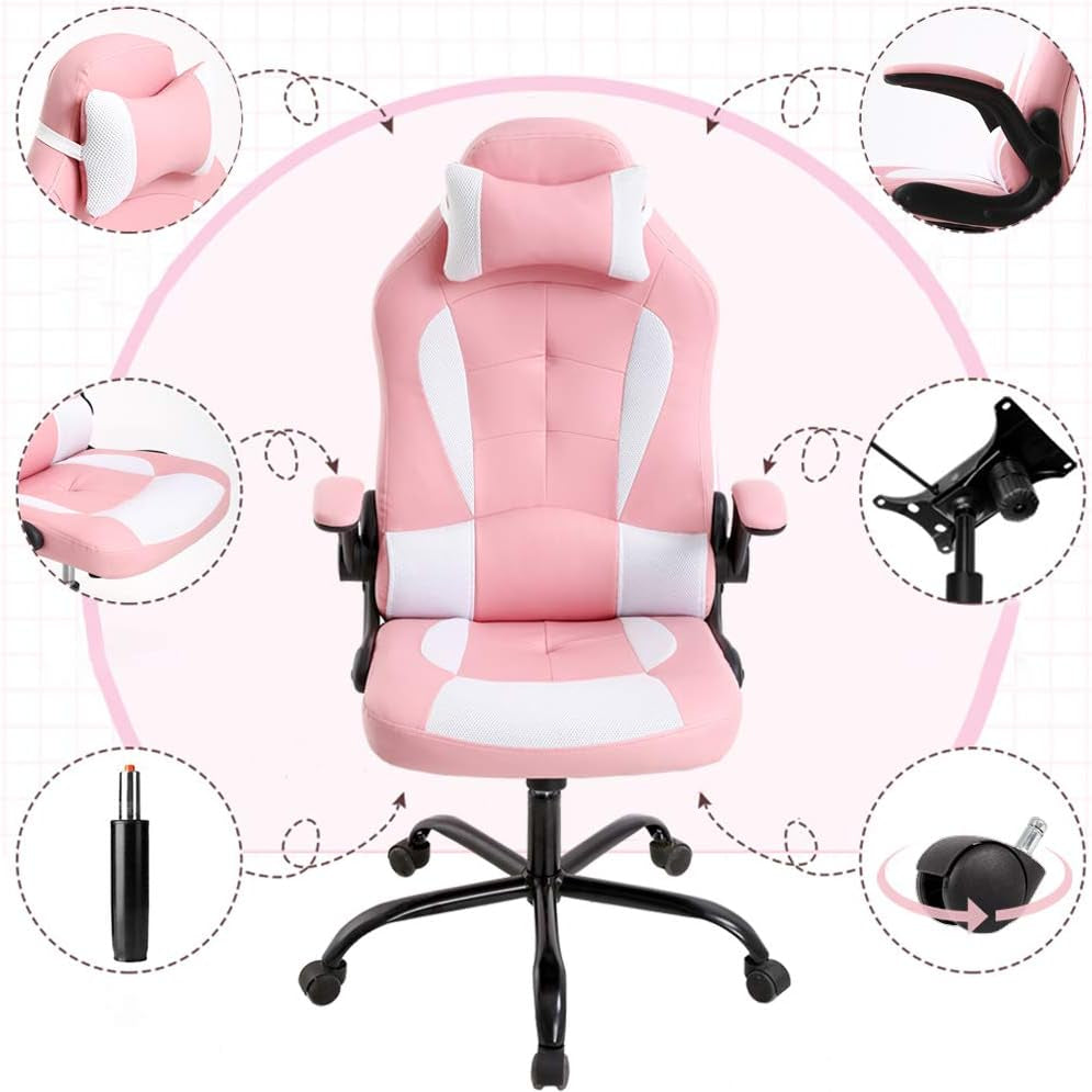 Gaming Chair Office Chair Desk Chair with Lumbar Support Flip up Arms Headrest Swivel Rolling Adjustable PU Leather Racing Computer Chair for Girls,Pink-4