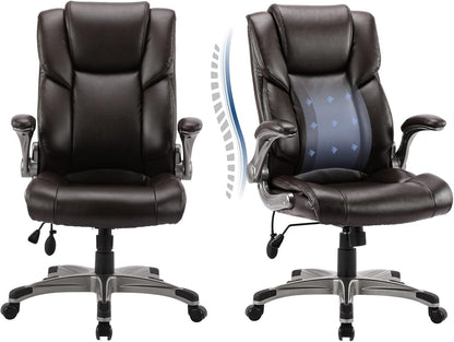 Two Brown Leather Executive Chairs, Adjustable, Rolling-1